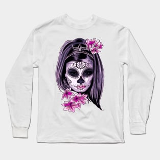 Catrina face painted in pastel colors with pink flowers. Feminist princess catrina face. Long Sleeve T-Shirt